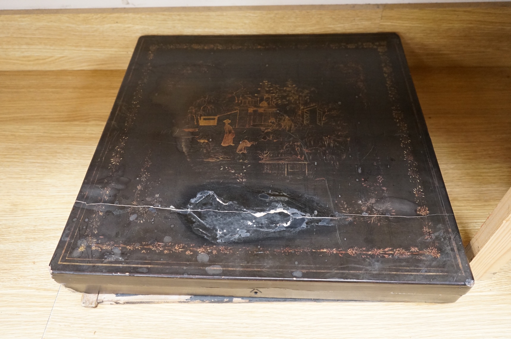 Three 19th-century Chinese gilt black lacquer gilt decorated, square boxes, 48cm x 49cm